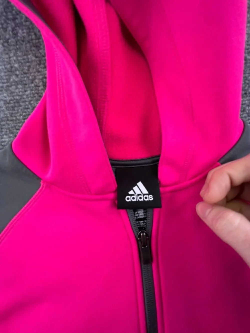 Adidas Girls Jacket 14 Large Gray Pink Hoodie Full Zip w Logo Fleece Inside
